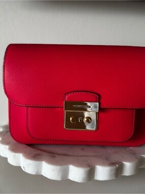 Michael Kors Bright Red Leather Crossbody with Gold Lock
